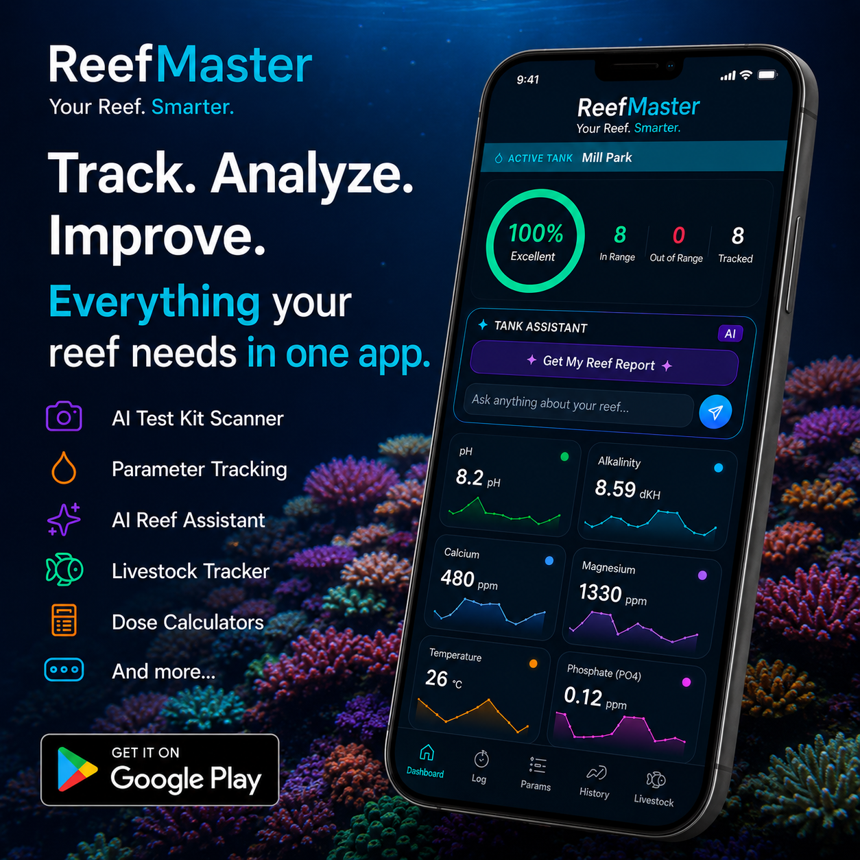 ReefMaster app promotional image showing the dashboard and main features