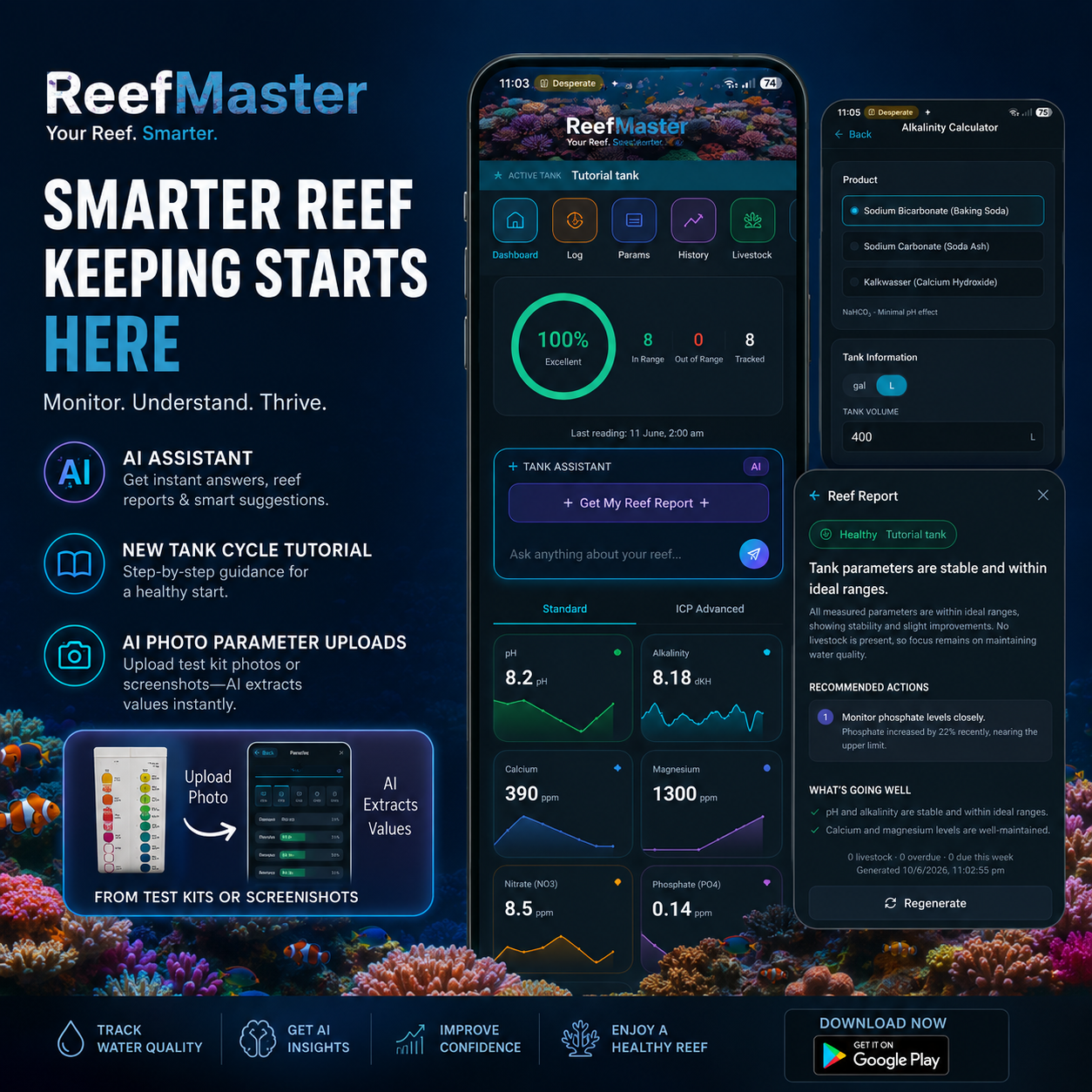 ReefMaster app overview with dashboard, calculator and Reef Report
